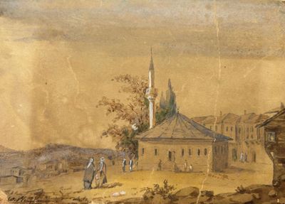 a painting of a village with a church in the background