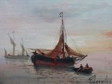 une peinture représentant un bateau dans l'eau avec des personnes à bord