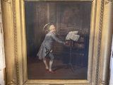 painting of a man playing the piano in a room