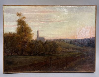 une peinture à l'huile d'un paysage avec une église au loin