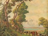 painting of a man walking down a dirt road with cows in the distance