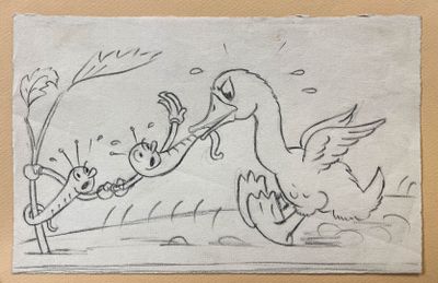 un dessin représentant un oiseau qui tente de sortir un autre oiseau de l'eau