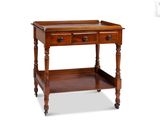 an image of a wooden table with two drawers and a shelf