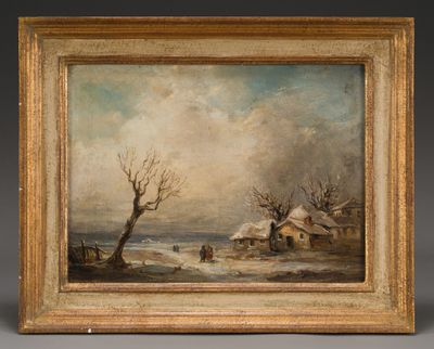 a painting of a snowy landscape with a house and a tree