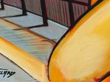 a painting of a yellow banana sitting on a bench