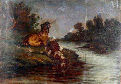 un tableau représentant un cheval et un chien au bord de l'eau