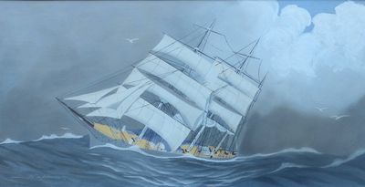 a painting of a ship in the middle of a large body of water