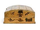 a small wooden box with a painting on it