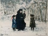 a painting of a woman and two children in the snow