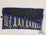 many wrenches in a blue case on the table