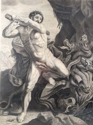 Hercule tuant l'Hydre Gravure Époque du XVIIIème siècle.