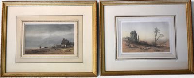 two framed paintings of a landscape with a church in the distance and a house in the distance