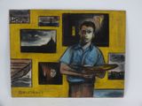 tableau représentant un homme tenant un plateau de nourriture devant un mur jaune