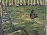un tableau représentant un coq dans l'herbe, près d'une clôture