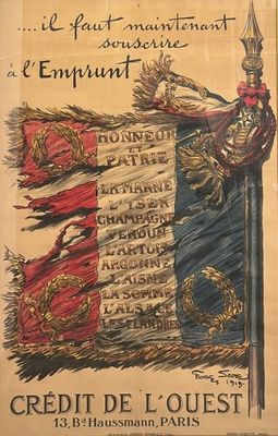 une vieille affiche française représentant un drapeau français orné d'un dragon