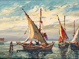 a painting of a group of sailboats in the water