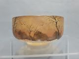 un bol en verre décoré d'une peinture, exposé dans une vitrine
