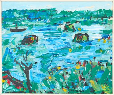 un tableau représentant des vaches dans l'eau, près du rivage