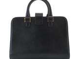 a black leather handbag on a white background