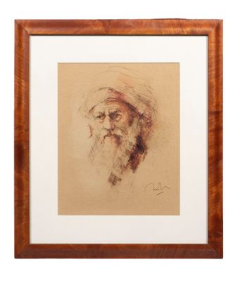 un dessin représentant un vieil homme barbu, dans un cadre en bois