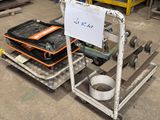 a cart that has a sign on it in a warehouse
