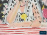 a painting of a woman sitting at a table talking on a cell phone