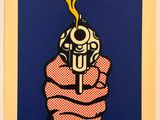 une image représentant un tableau où l'on voit une main tenant un pistolet d'où s'échappe de la fumée