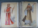 un vieux livre comportant deux illustrations représentant un homme et une femme vêtus de costumes médiévaux