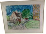drawing of a street scene with a house and a car