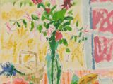 a painting of a vase of flowers on a table