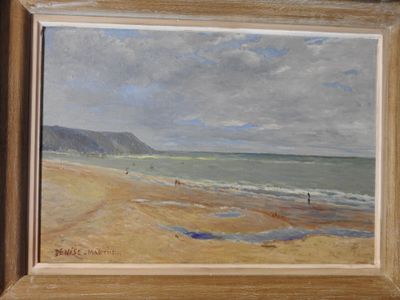 une peinture de personnes sur la plage au bord de l'eau