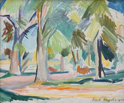 peinture représentant un tableau d'un parc avec des arbres en arrière-plan