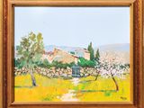 an oil painting of a house in a field with a fence