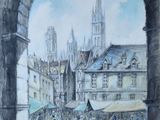 dessin représentant une scène de rue avec des passants et le clocher d'une église en arrière-plan
