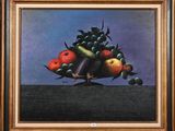a painting of fruit and vegetables in a bowl on a table