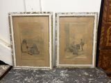 paire d'aquarelles anciennes représentant un homme et une femme dans la rue