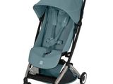 a baby stroller with a blue seat and a black handlebar
