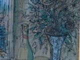 a drawing of a vase of flowers and a bottle of wine