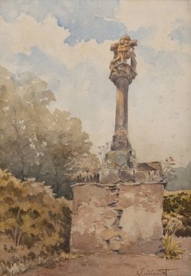 une aquarelle représentant une statue au milieu d'un parc