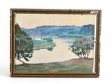 une peinture à l'huile représentant un paysage avec des arbres et une rivière