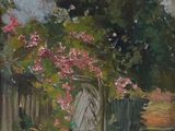 une image représentant un tableau représentant un jardin avec un portail et des fleurs