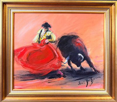 tableau représentant un taureau et une femme en robe rouge, dans un cadre doré