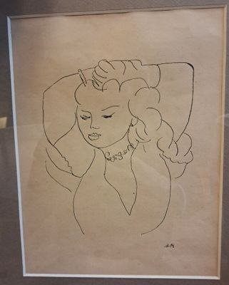 drawing of a woman in a hat with a bow on her head