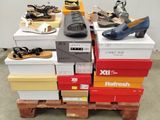 une pile de chaussures posée sur une palette dans un entrepôt