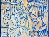 une peinture à l'huile représentant trois femmes assises dans une pièce