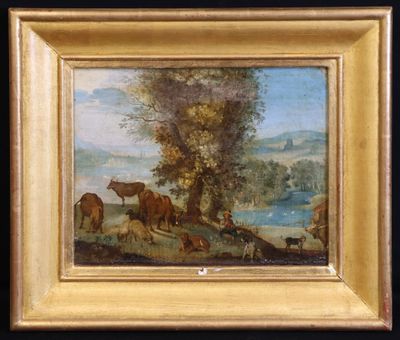 tableau représentant un paysage avec du bétail et une rivière en arrière-plan