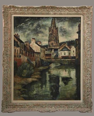 painting on the wall of a room with a painting of a church in the background