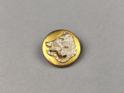 un gros plan sur un bouton doré orné d'une tête de chien