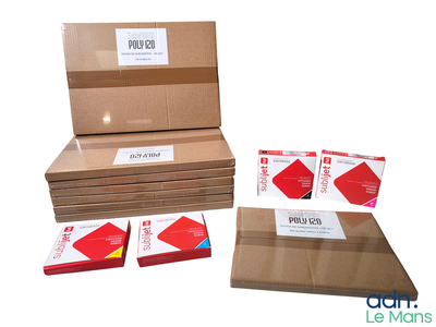 several boxes of red and yellow are stacked on top of each other
