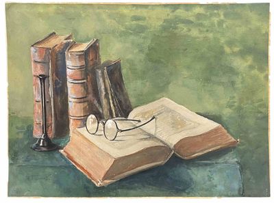 une peinture représentant un livre et des lunettes posés sur une table